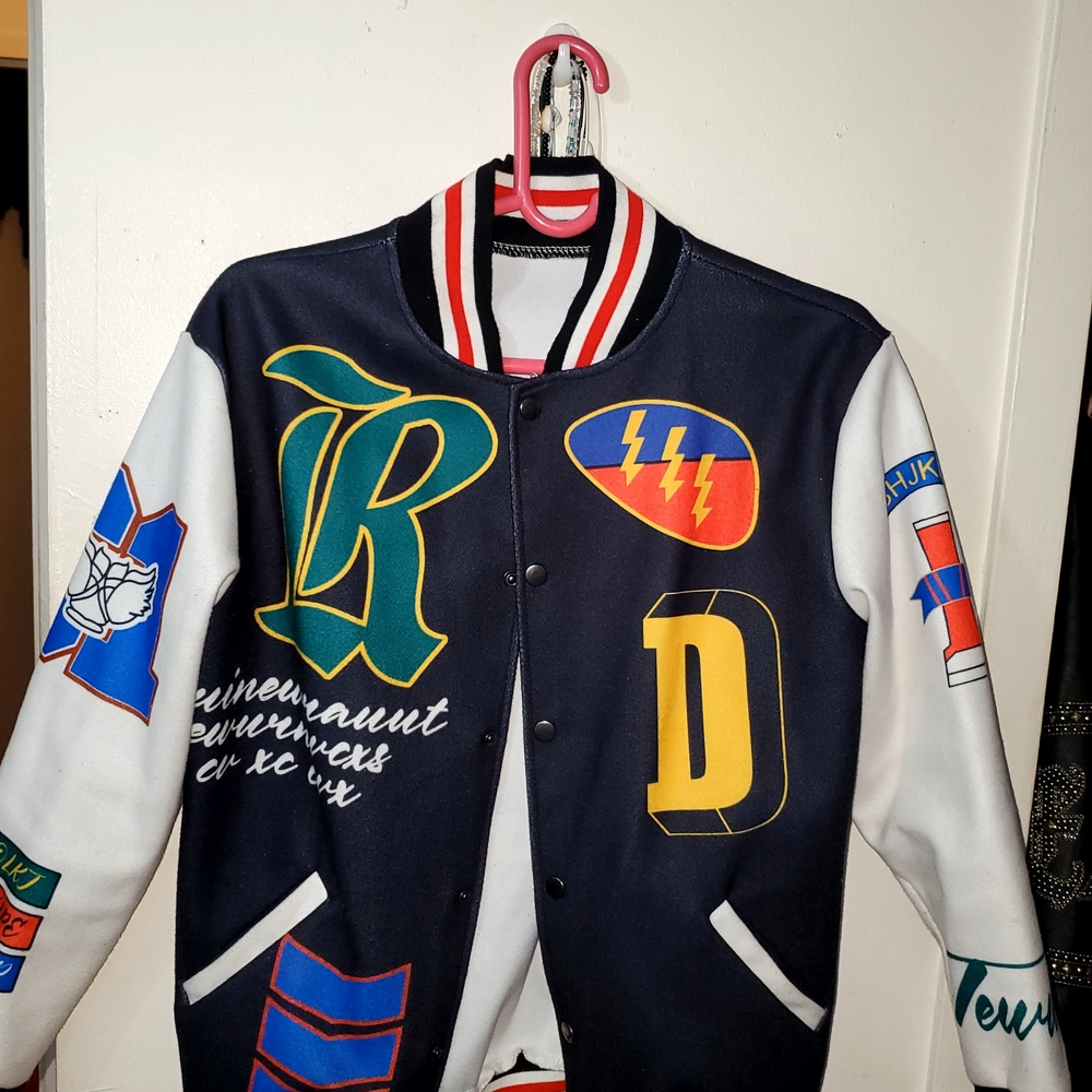 Graphic Varsity Jacket Blue and White Unisex